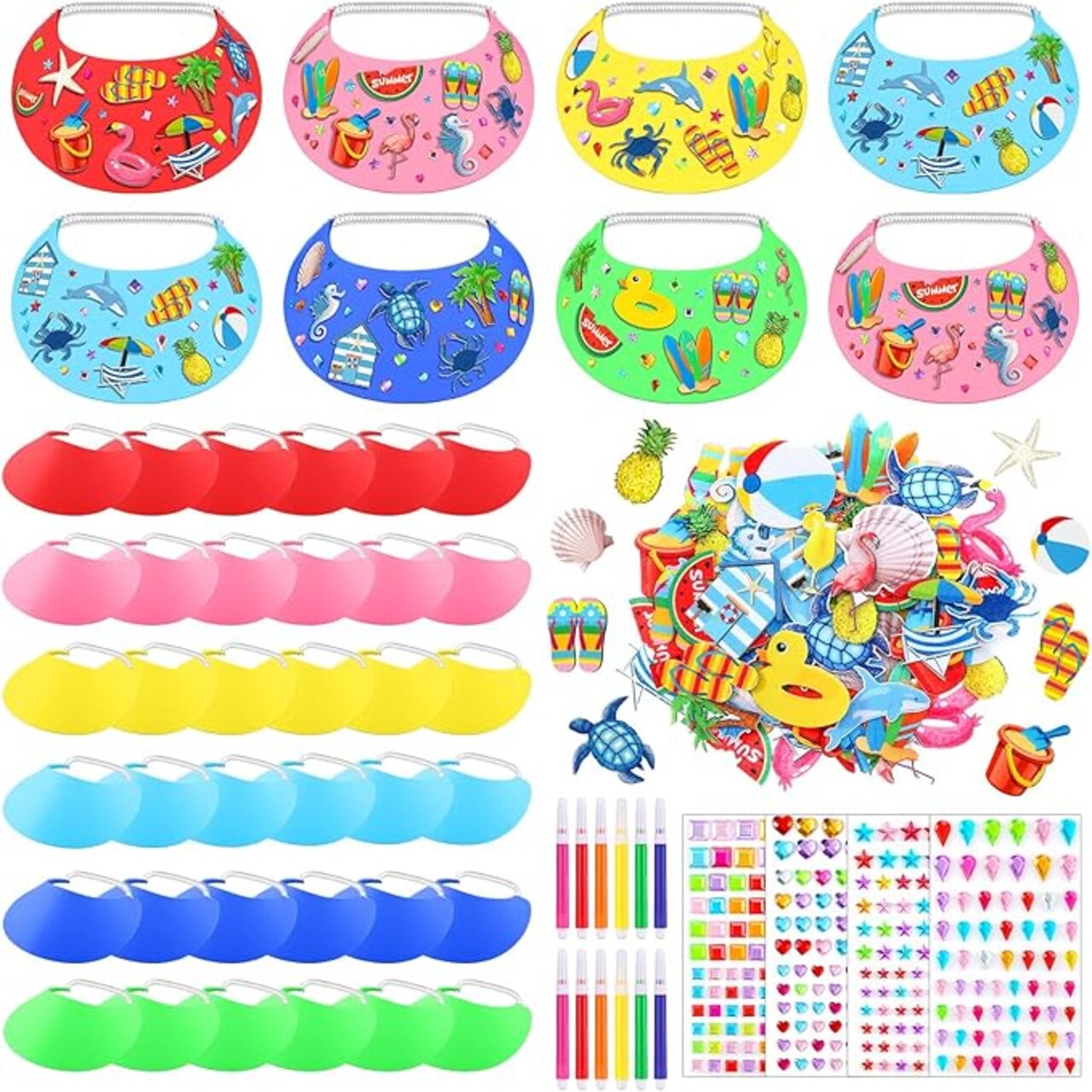 36 Sets Summer Foam Visor Sun Hats Crafts Kits for Kids Include Assorted Color Foam Hats Rhinestone Felt Stickers and Markers for Boys Girls Crafts Outdoor Sea Party Activities Supplies